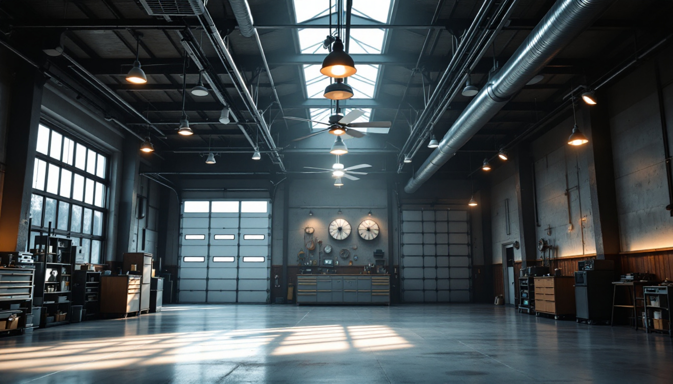 A photograph of a spacious garage setting featuring industrial ceiling fans