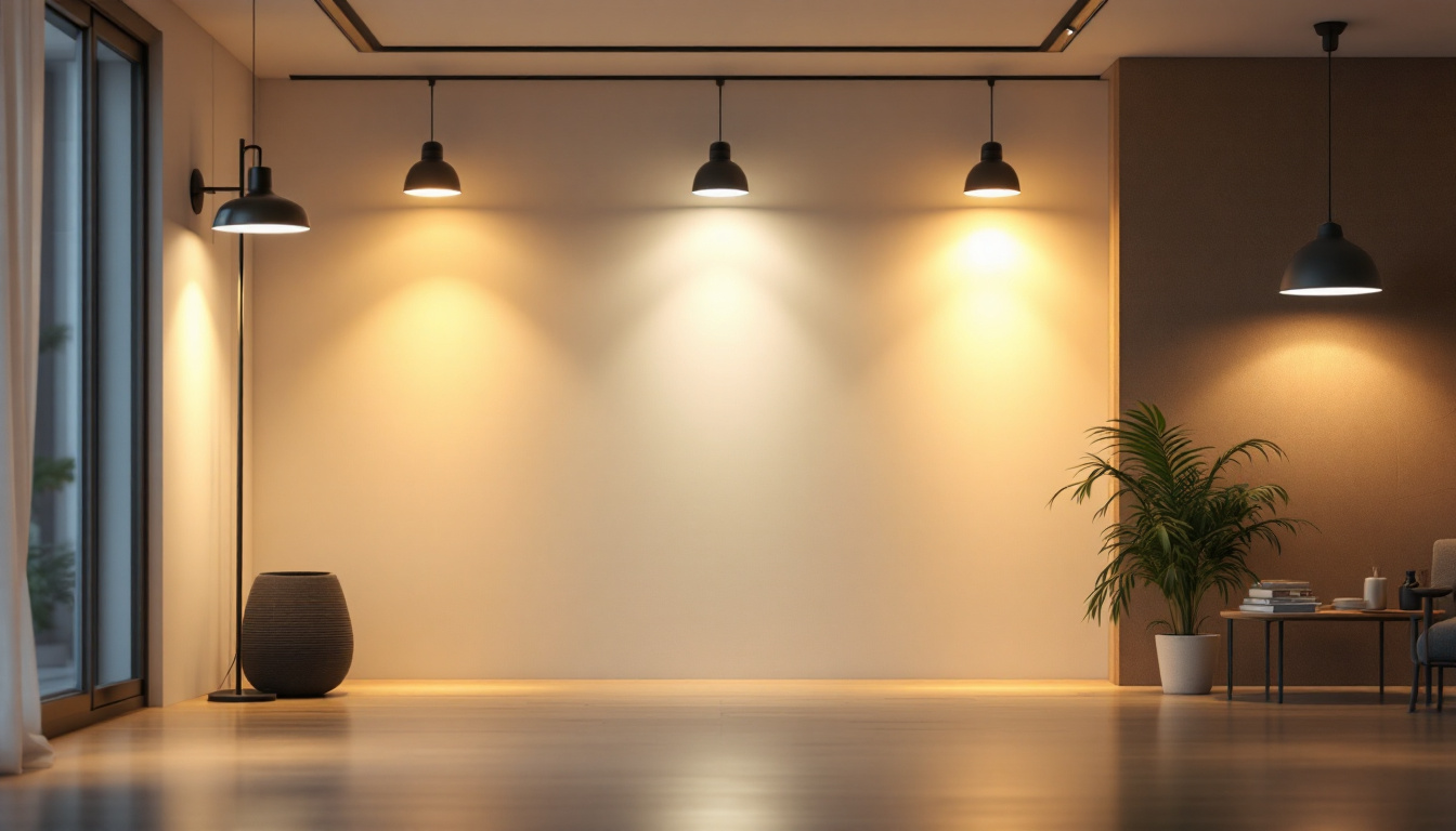 A photograph of a well-lit interior space showcasing various lighting fixtures and their installation