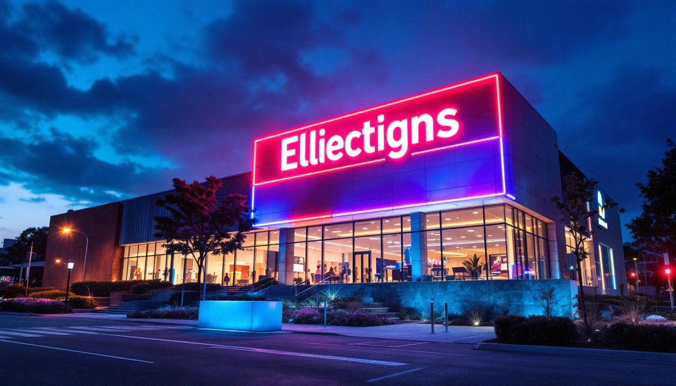 A photograph of a striking exterior shot of a modern building illuminated by vibrant sign lights at dusk