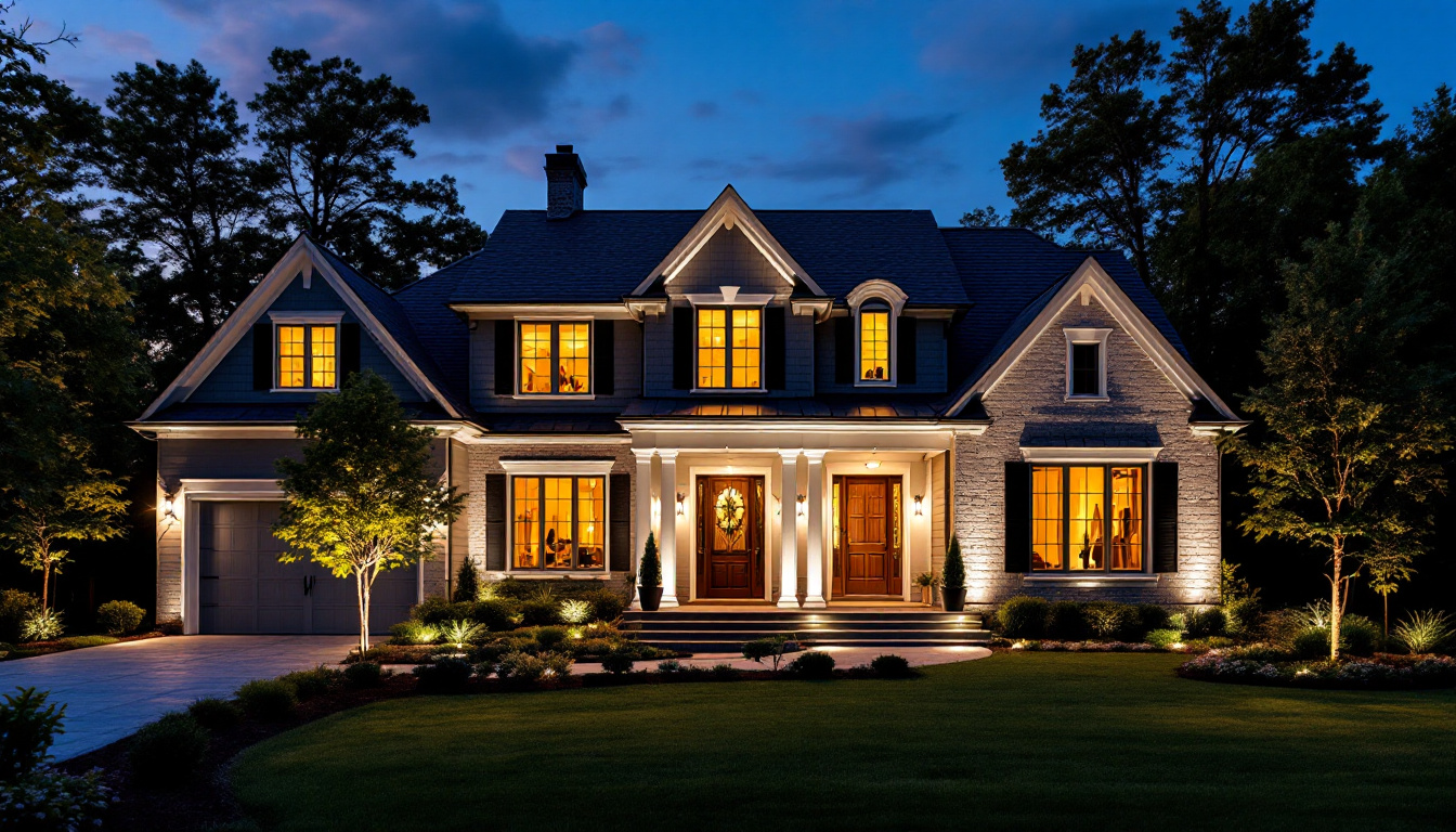 A photograph of a beautifully illuminated front yard showcasing various outdoor lighting styles