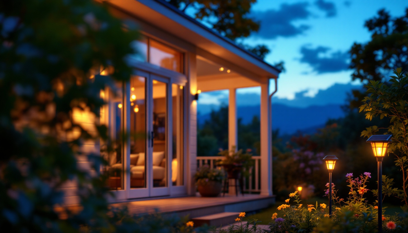 A photograph of a beautifully illuminated porch at dusk