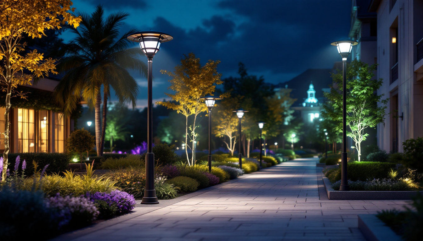 A photograph of a beautifully illuminated outdoor space featuring various pole-mounted light fixtures