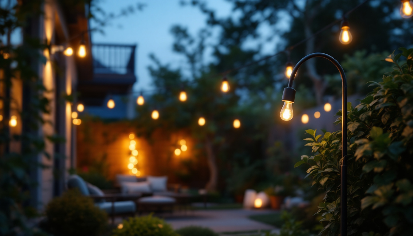 A photograph of a beautifully lit outdoor space featuring stylish gooseneck lights illuminating a cozy patio or garden area