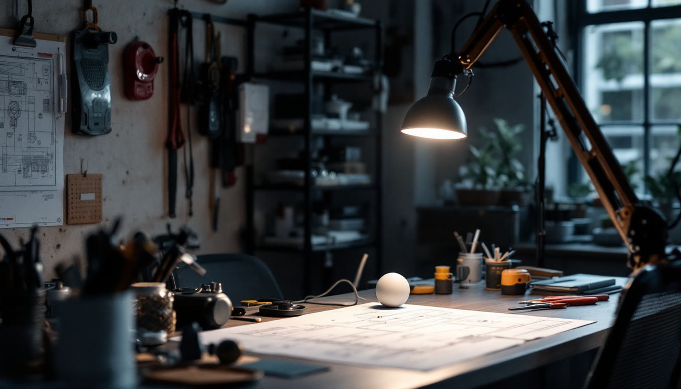 A photograph of a type c lamp in a well-lit engineering workspace
