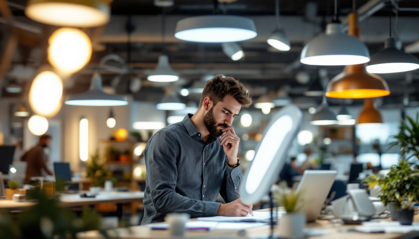 A photograph of a well-lit workspace featuring a variety of modern lighting fixtures