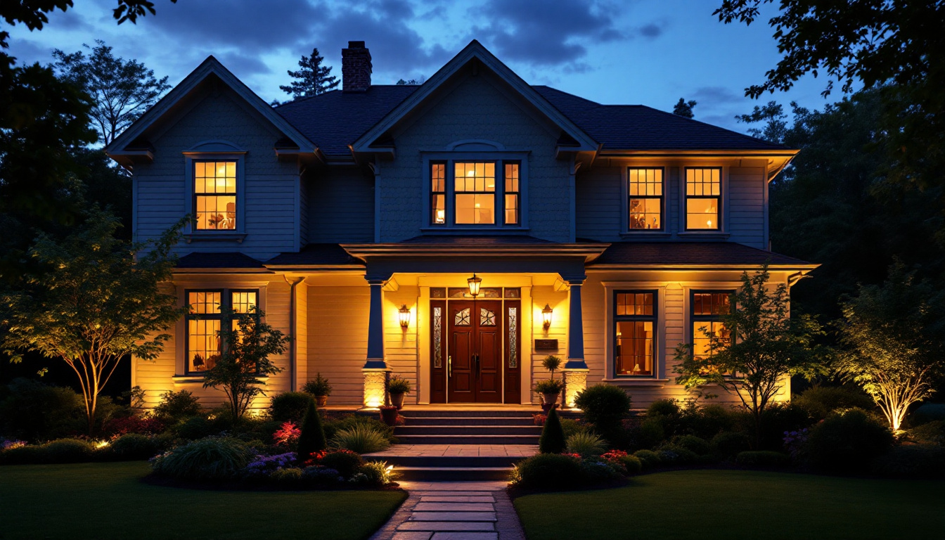 A photograph of a beautifully illuminated front entrance of a house at dusk