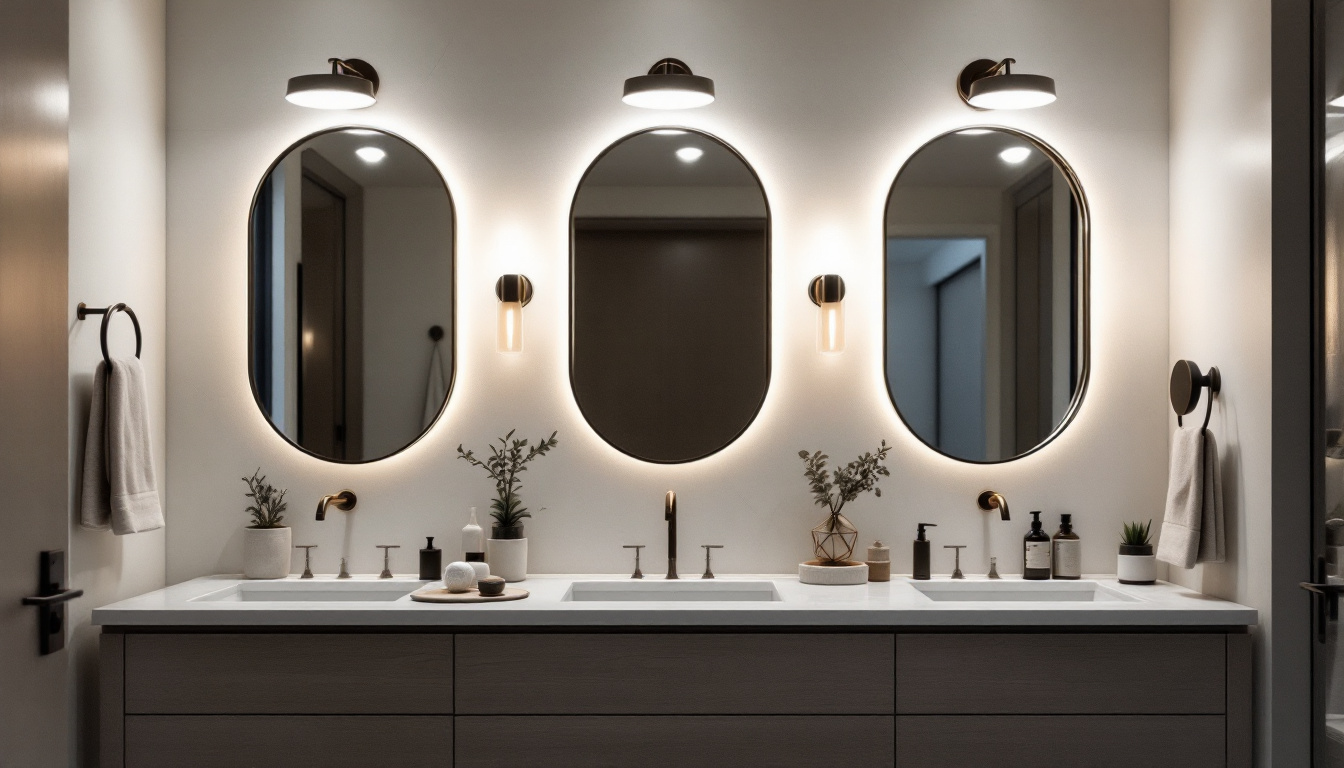 A photograph of a stylish bathroom or vanity area showcasing a variety of discount vanity lights in use