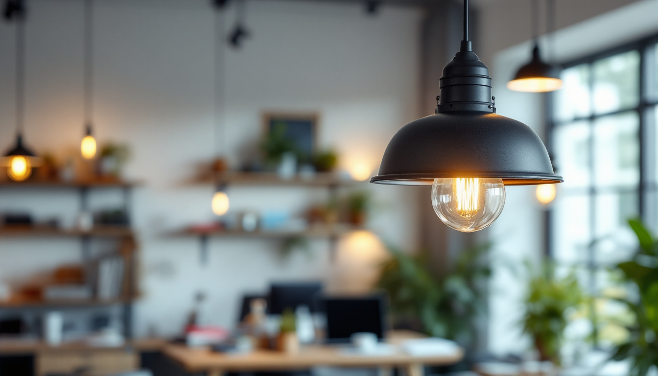 A photograph of a stylish industrial light pendant hanging in a modern workspace