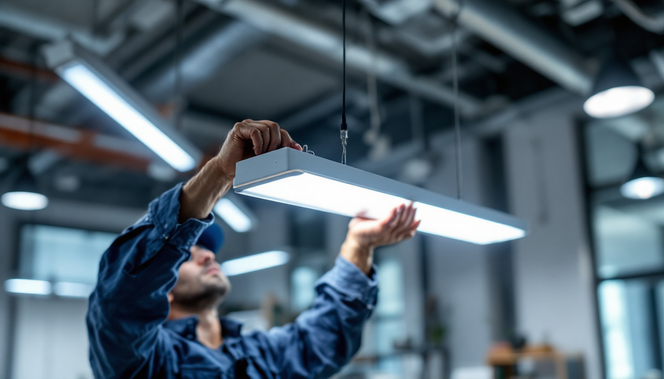 A photograph of a close-up shot of a 2-foot led light fixture being installed in a modern workspace
