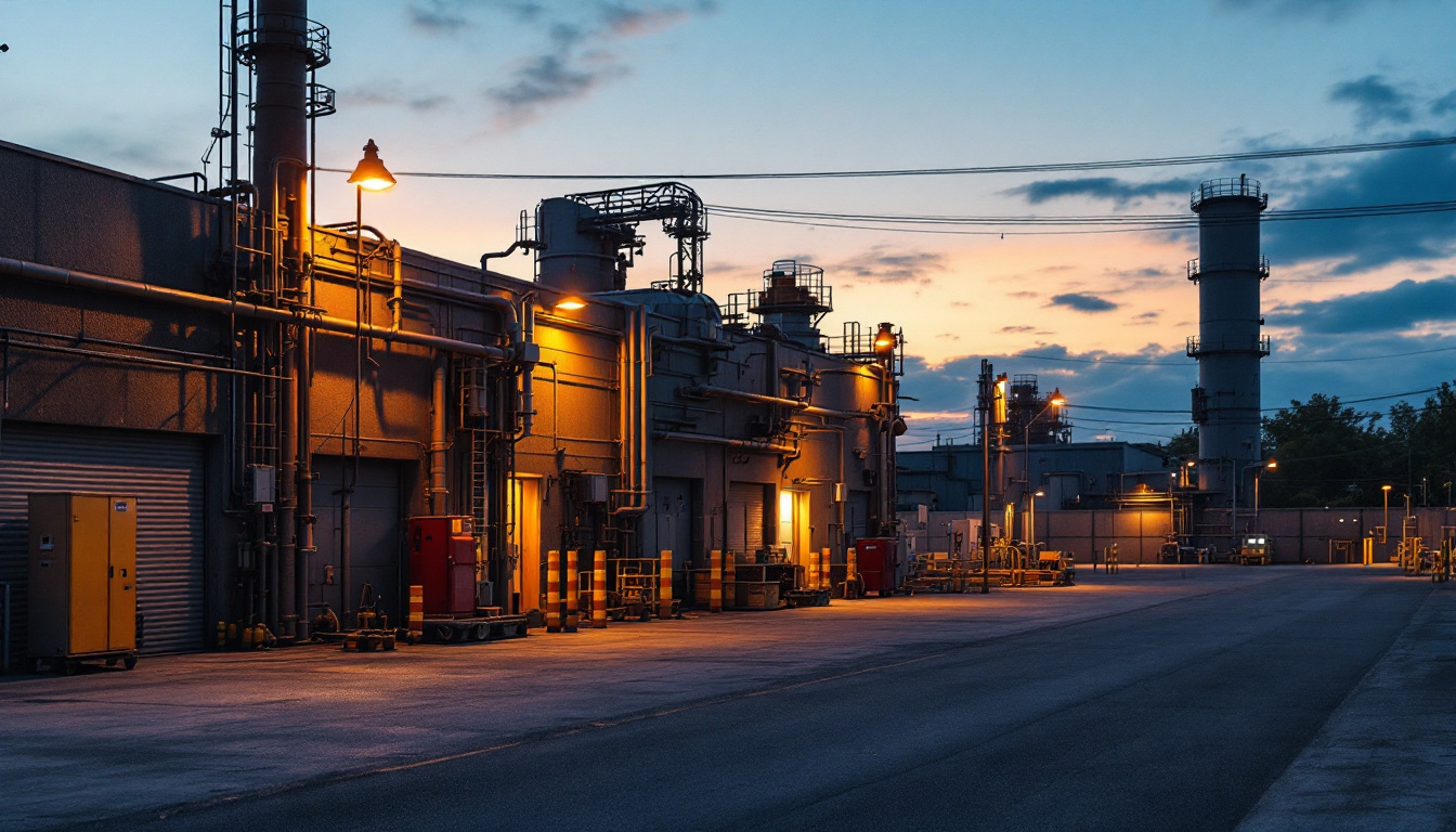A photograph of a well-lit outdoor industrial setting at dusk