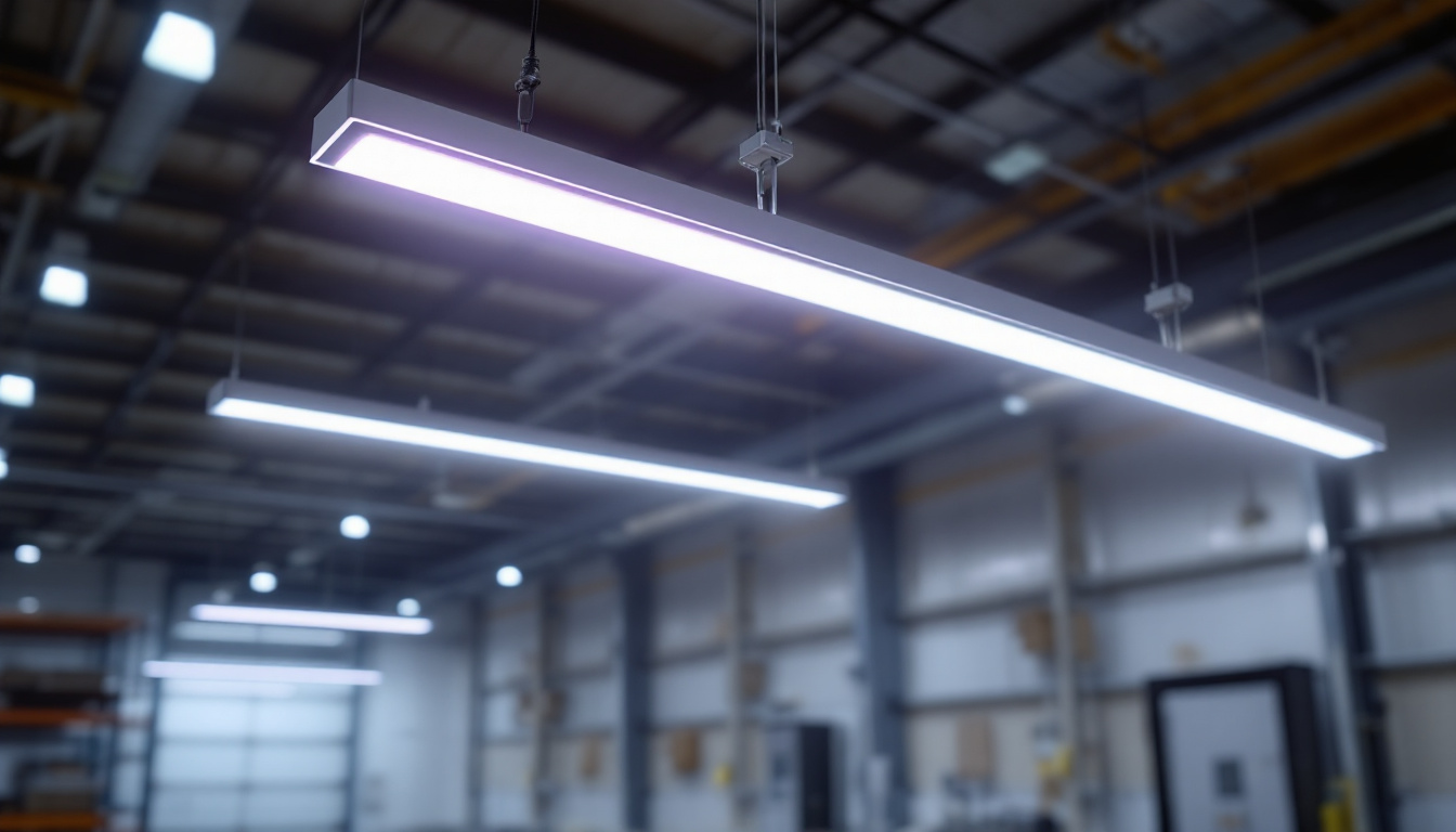 A photograph of a sleek led linear high bay light installed in a spacious industrial or commercial setting