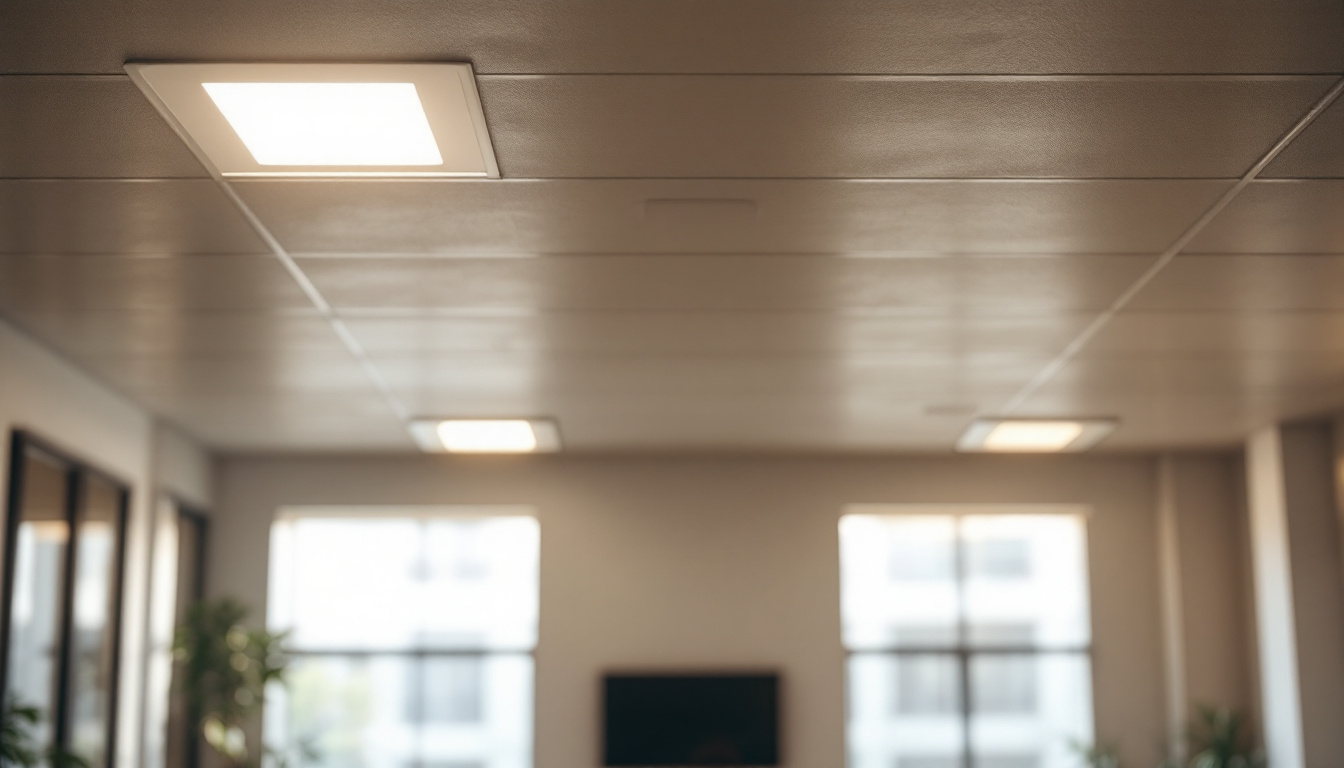 A photograph of capture a photograph of a well-lit indoor space featuring 2 x 4 drop ceiling lights