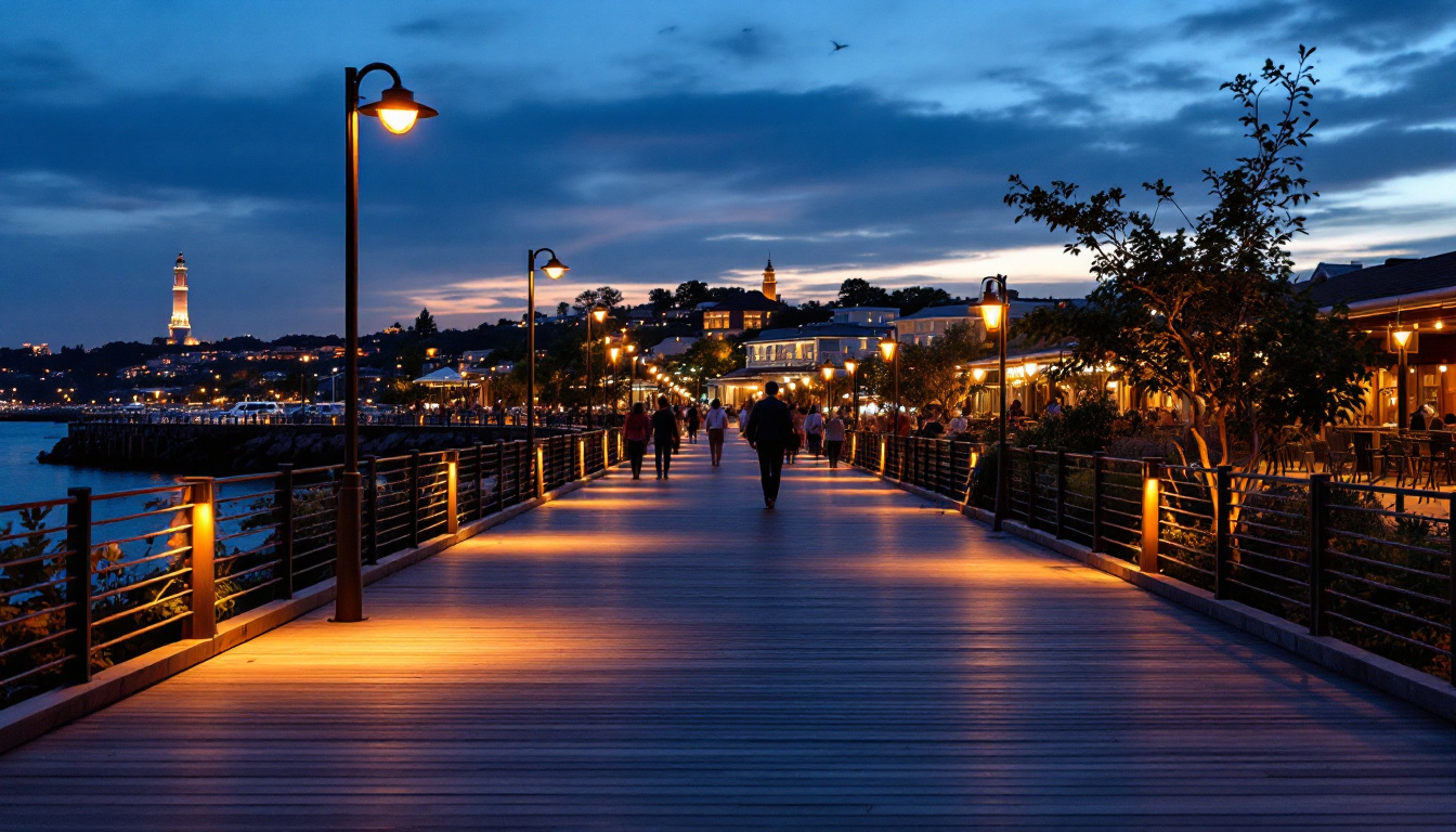 A photograph of a beautifully illuminated boardwalk at dusk