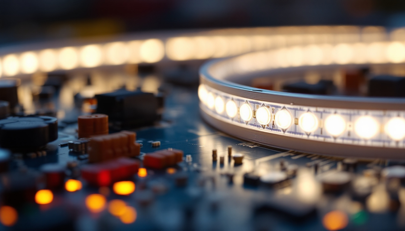 A photograph of a close-up shot of a circuit board with magnetic strip lights integrated into an electrical engineering workspace