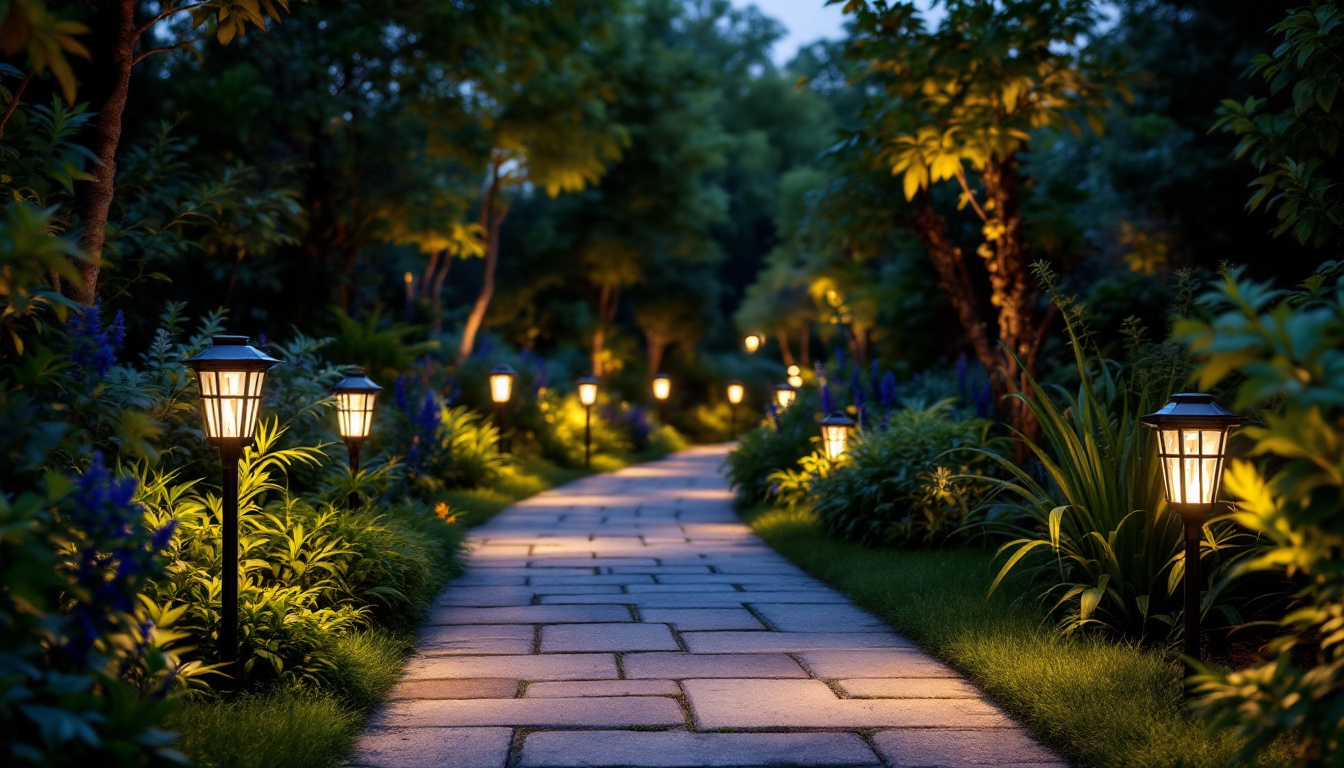 A photograph of a beautifully illuminated garden path featuring solar-powered lights