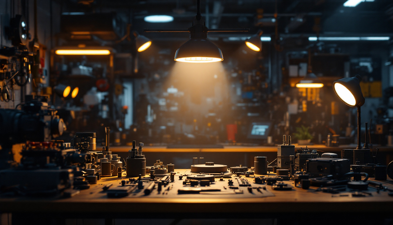 A photograph of a well-lit engineering workspace featuring a variety of hi bay led lights in action