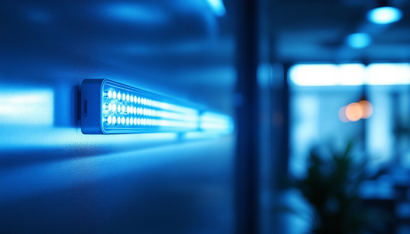A photograph of a close-up view of a 4-foot led light installation in a modern setting