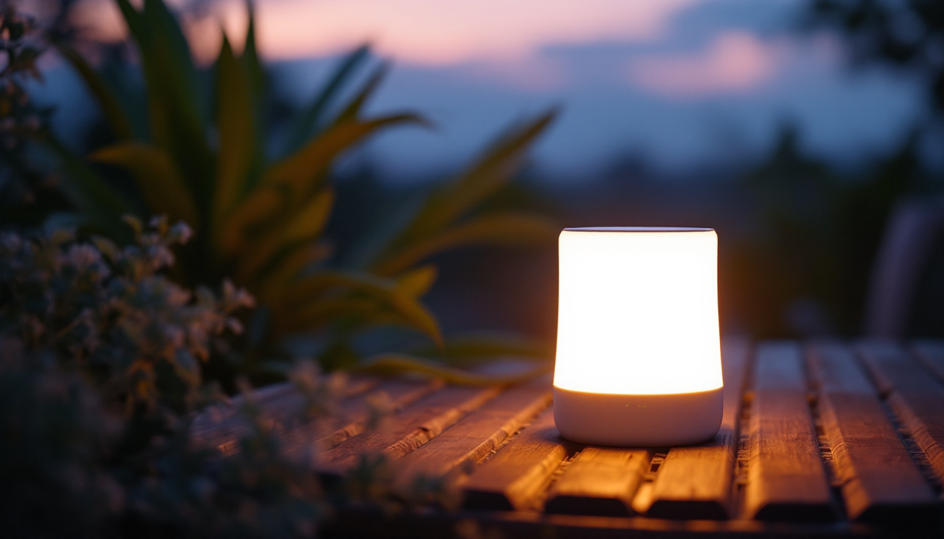 A photograph of a solar lamp in an outdoor setting