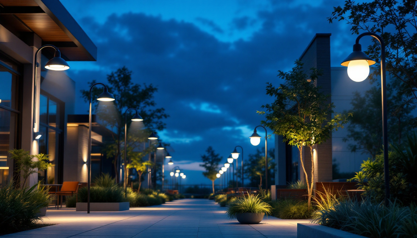 A photograph of a well-lit commercial outdoor space showcasing various types of lighting fixtures in use