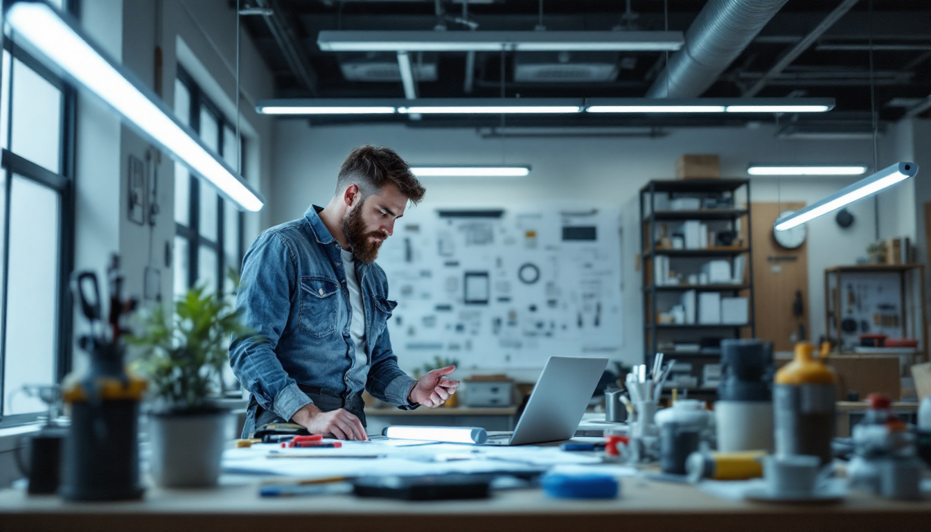 A photograph of a modern workspace featuring an electrical engineer examining led fluorescent tube light fixtures