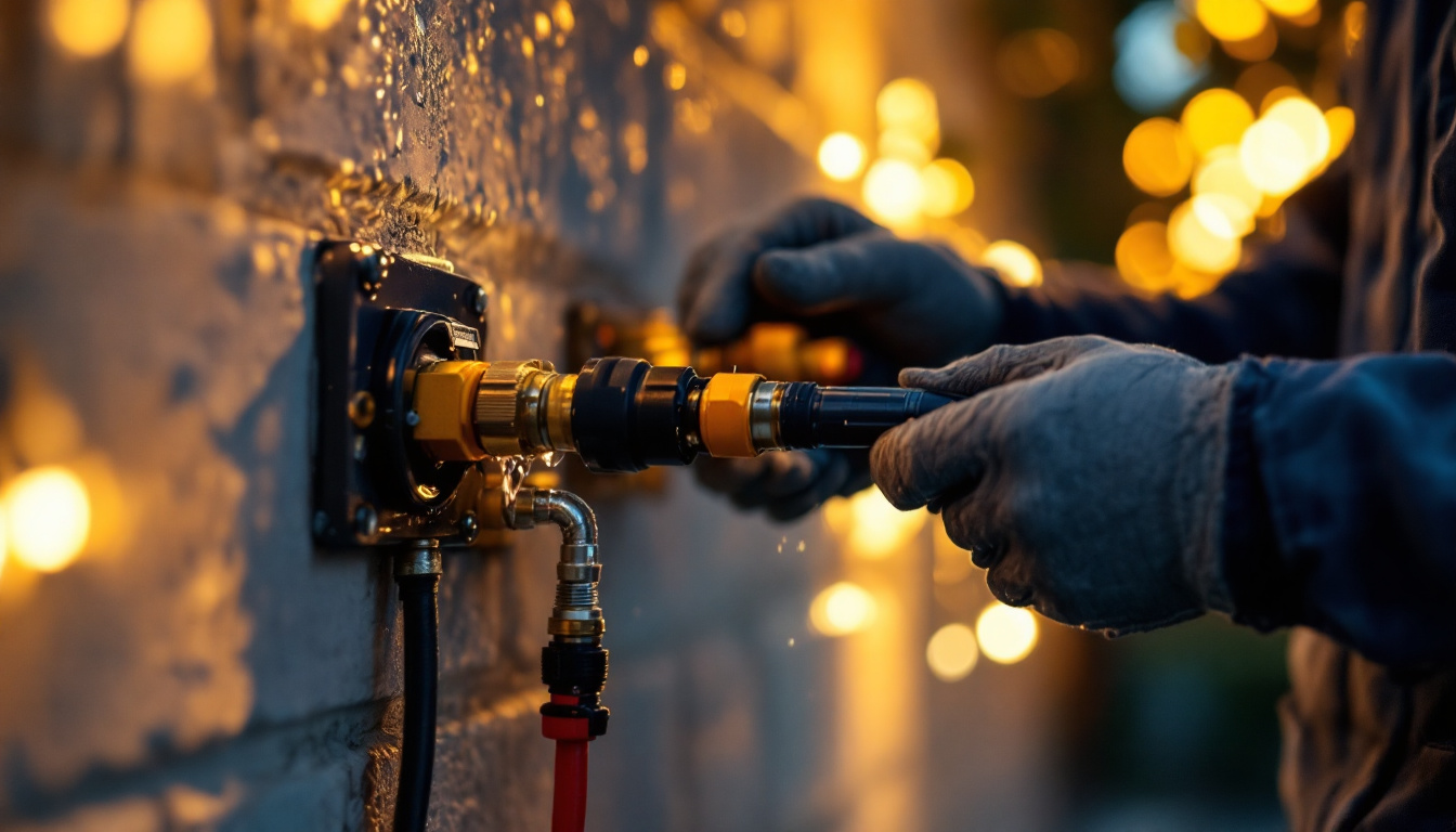 A photograph of a skilled electrician installing water-tight electrical connectors in a beautifully lit outdoor lighting project