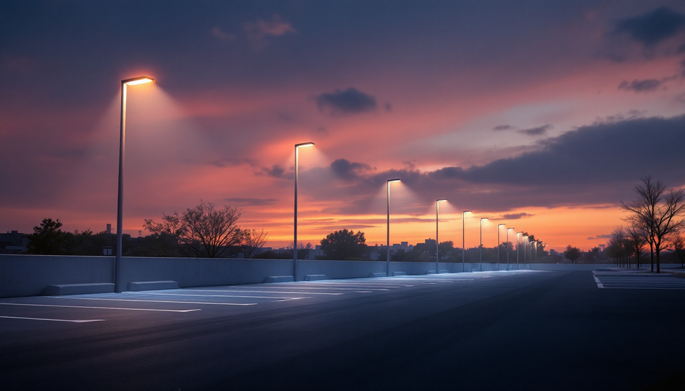 A photograph of a well-lit parking area at dusk
