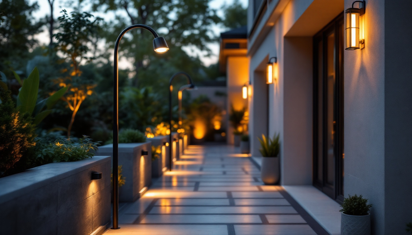 A photograph of a beautifully designed outdoor space featuring gooseneck lights illuminating pathways or architectural elements