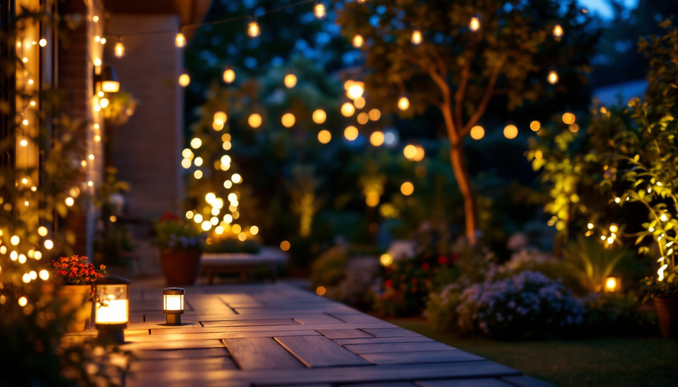 A photograph of a beautifully lit outdoor space featuring various styles of motion sensor led lights in action