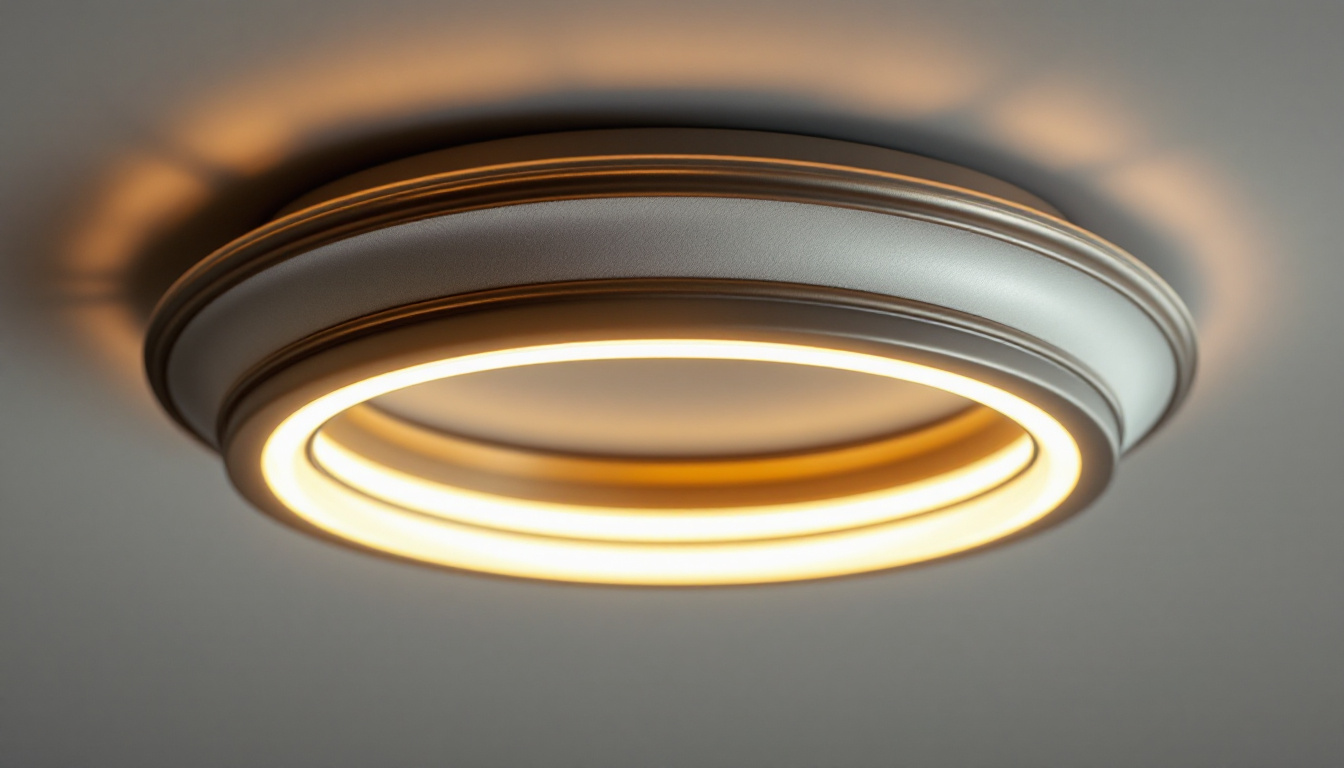 A photograph of a beautifully designed ceiling light fixture with an emphasis on its trim ring