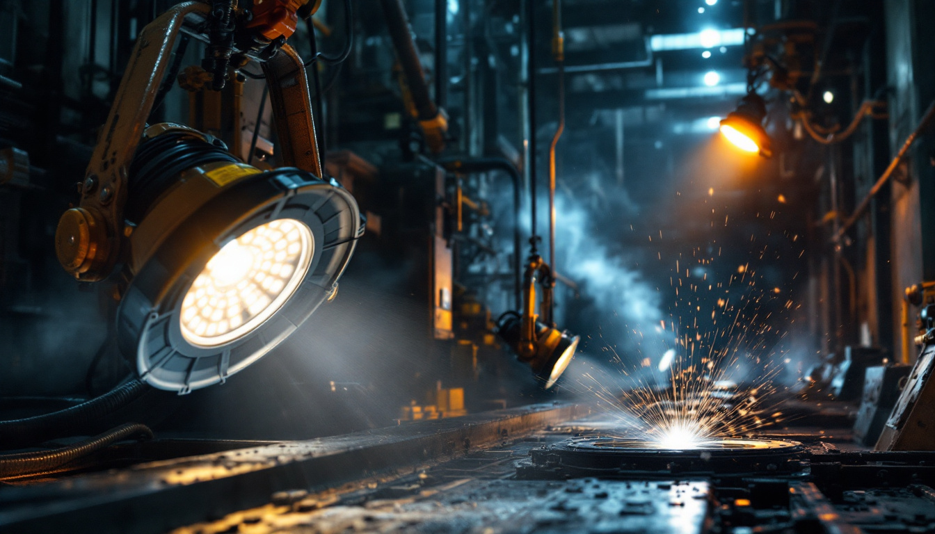A photograph of a rugged industrial setting featuring explosion-proof led lighting fixtures in action