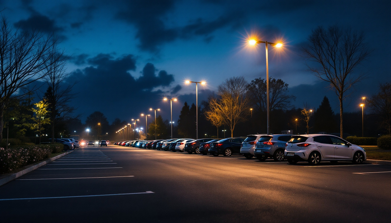 A photograph of a well-lit parking lot at dusk