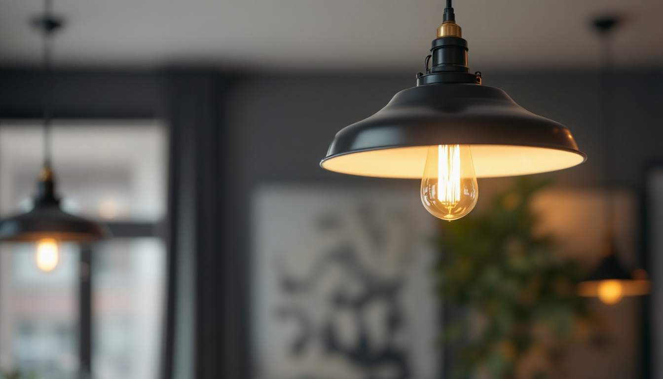 A photograph of a stylish hanging light fixture installed in a well-designed interior space