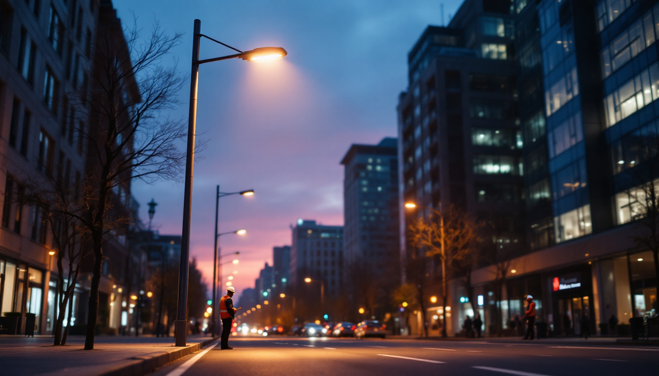 A photograph of a modern led street light illuminating a city street at dusk