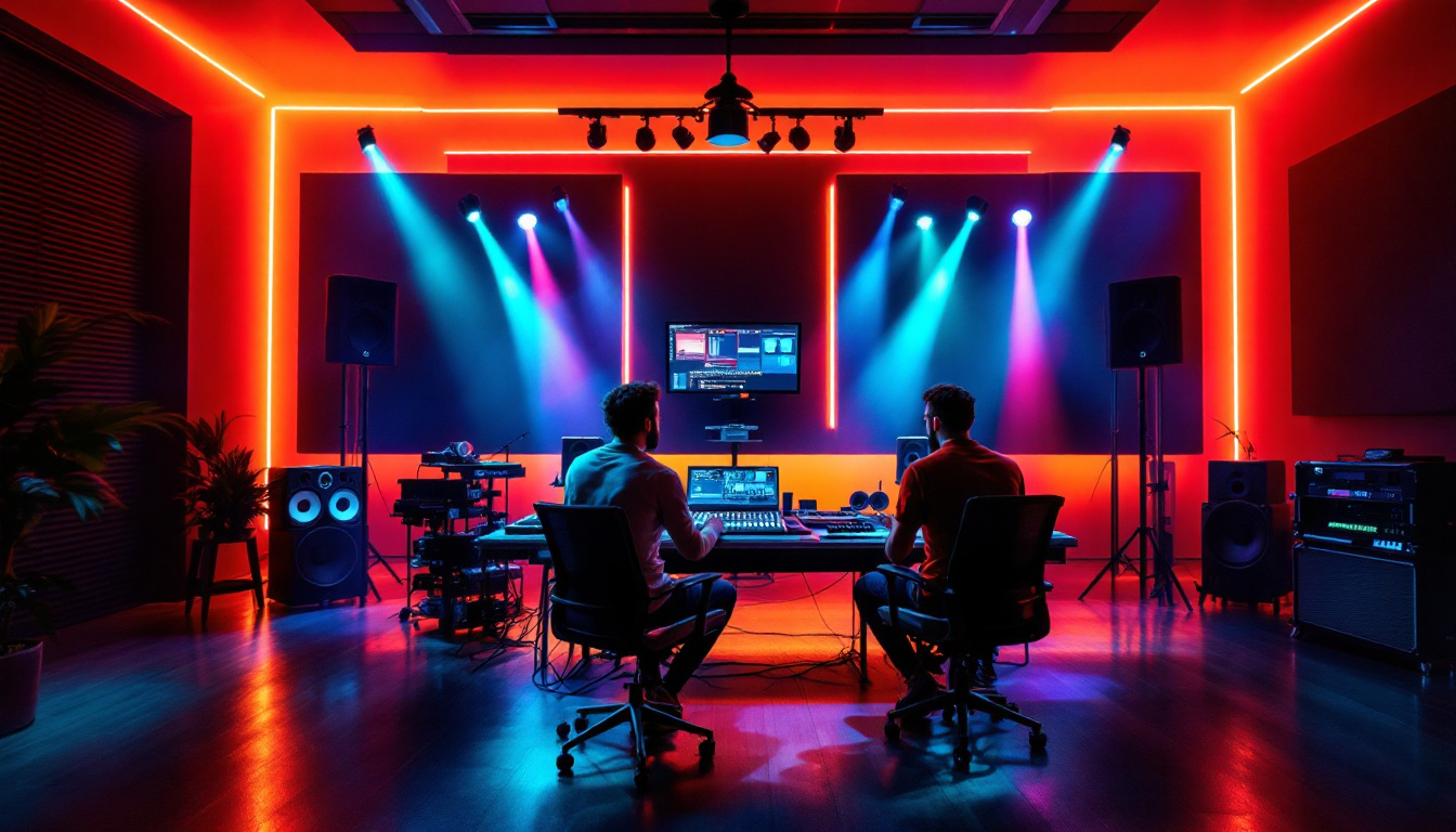 A photograph of capture a photograph of a modern music studio illuminated by dynamic
