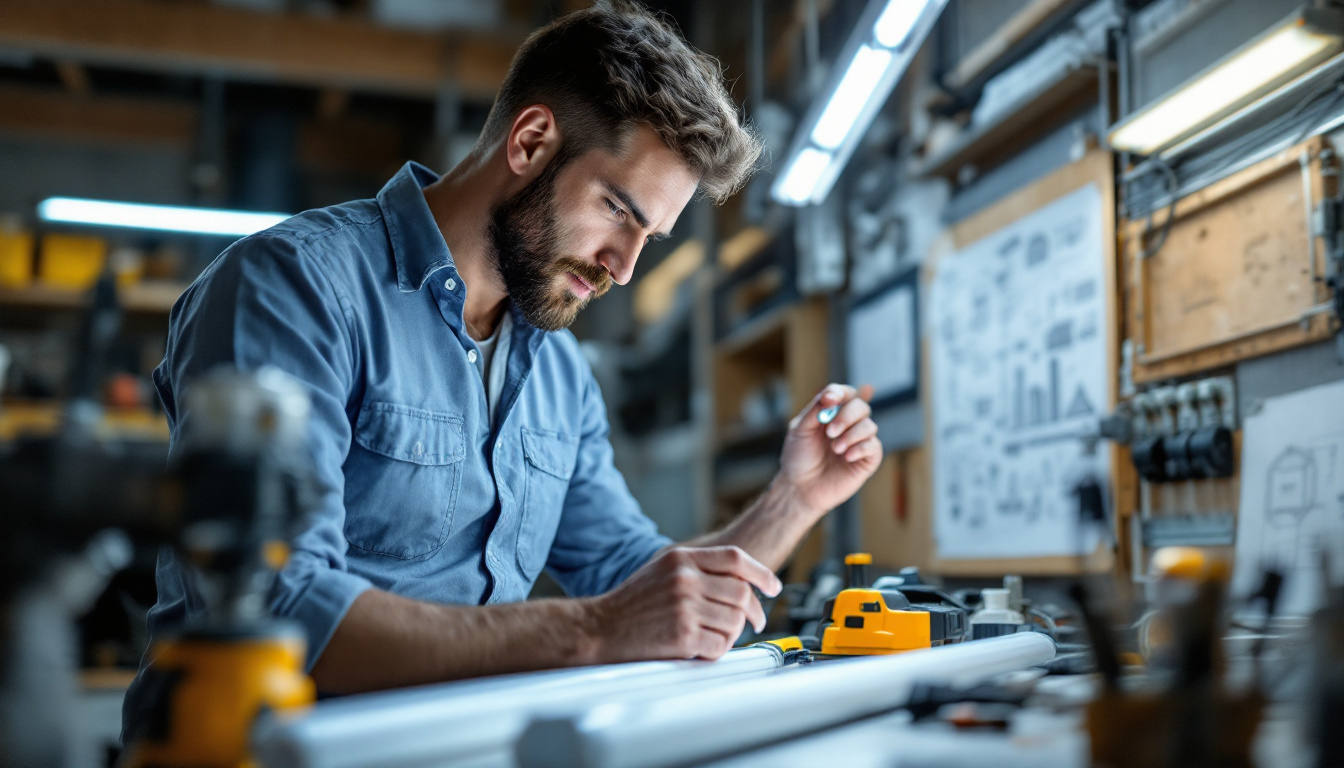 A photograph of an electrical engineer examining a t8 led light fixture with a focus on the ballast bypass