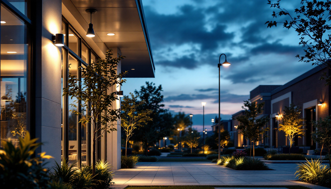 A photograph of a well-lit outdoor commercial space showcasing various types of outdoor lighting fixtures