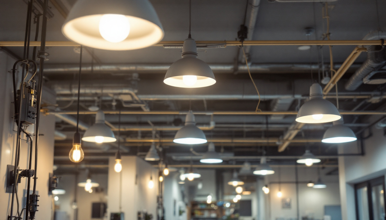 A photograph of a well-lit commercial space showcasing various lighting fixtures and their electrical connections