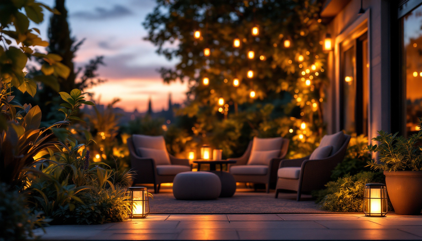 A photograph of a beautifully illuminated outdoor patio scene at dusk