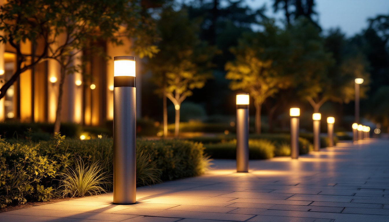 A photograph of a beautifully illuminated outdoor space featuring stylish led bollard lights