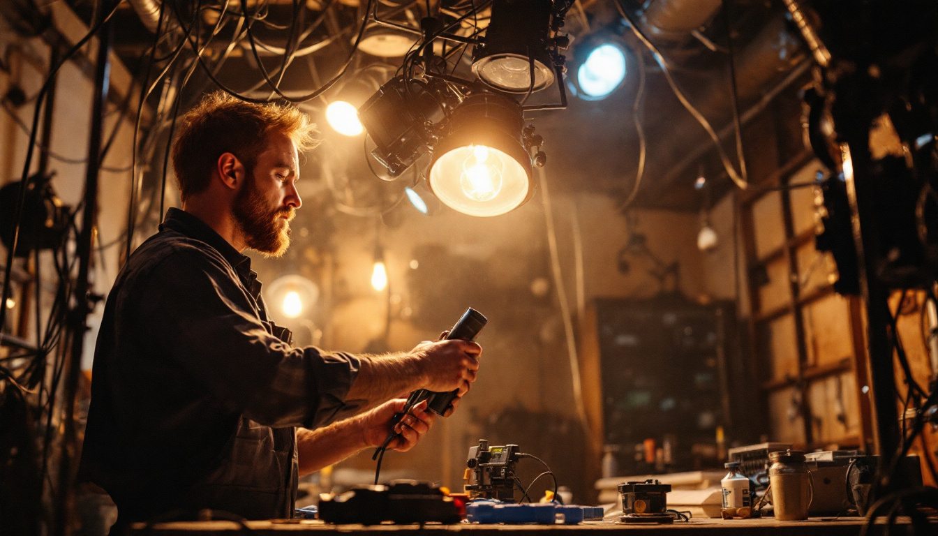 A photograph of a lighting technician working on an intricate lighting installation