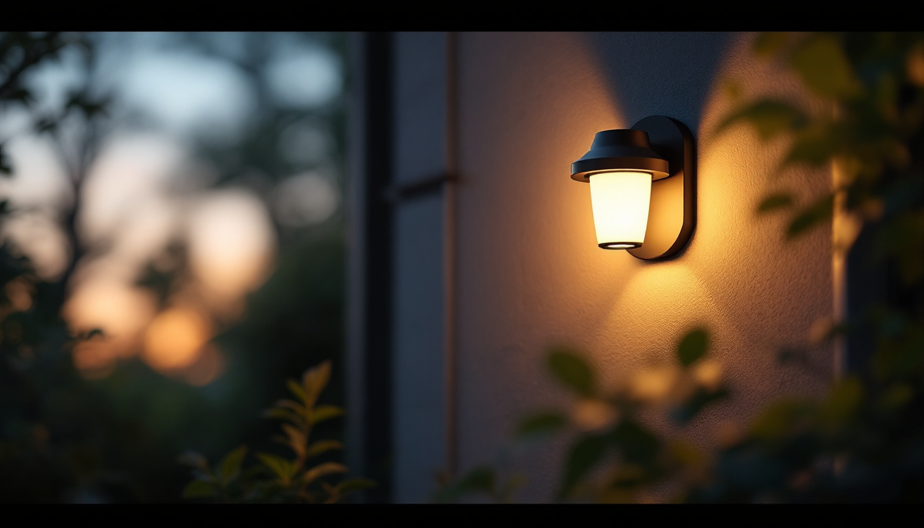 A photograph of a beautifully designed solar-powered wall light illuminating a cozy outdoor space at dusk
