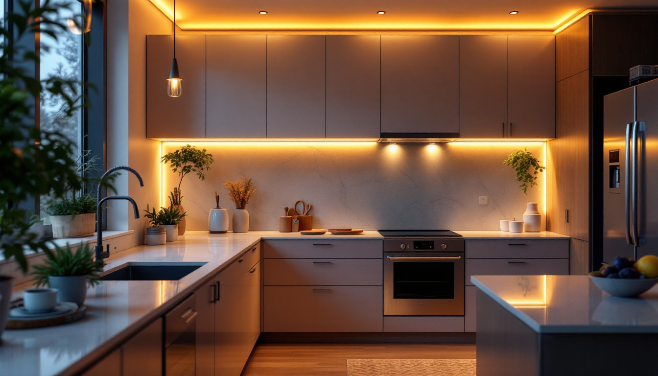 A photograph of a beautifully designed kitchen featuring under cabinet led lights illuminating the countertops