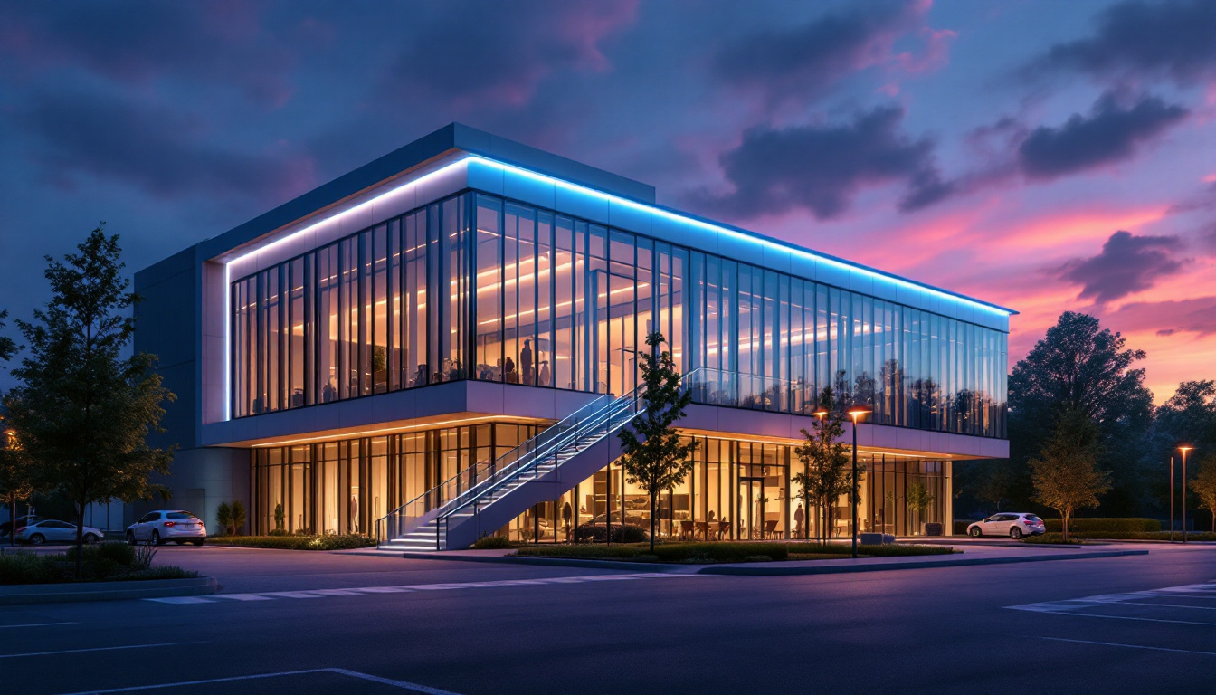 A photograph of a modern commercial building illuminated by energy-efficient exterior lights