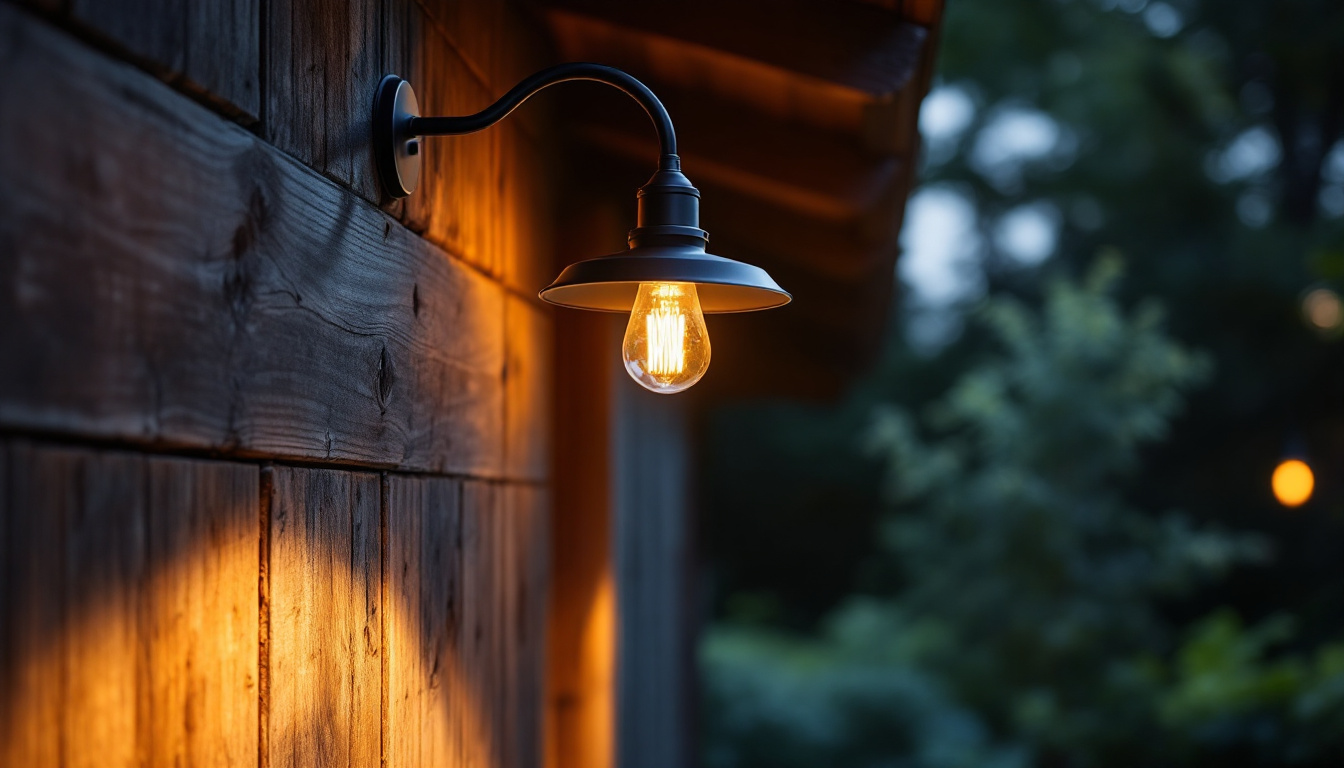 A photograph of a beautifully designed outdoor gooseneck barn light illuminating a rustic setting