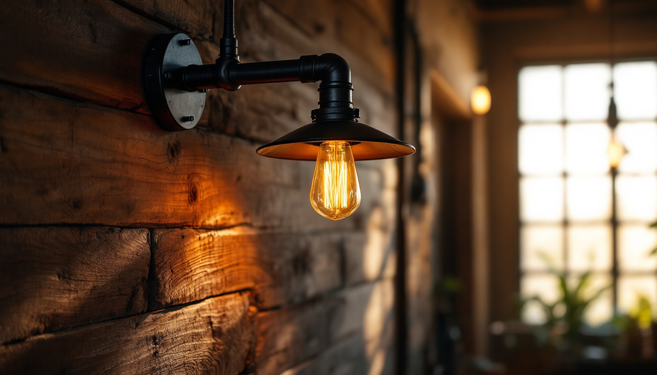 A photograph of a beautifully designed industrial barn light installed in a rustic setting