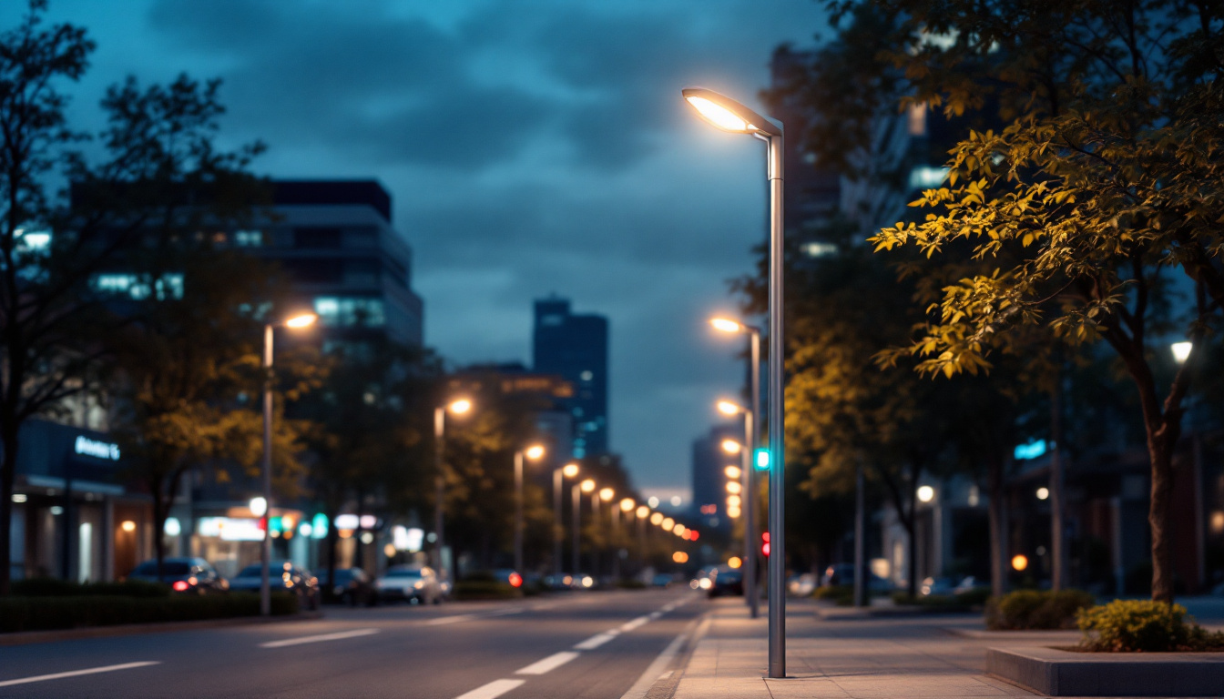 A photograph of a modern parking light pole illuminated at dusk