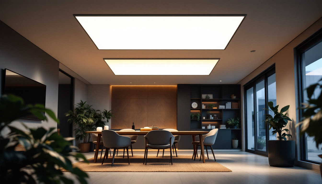 A photograph of a modern interior space featuring a 2x2 drop ceiling light in use