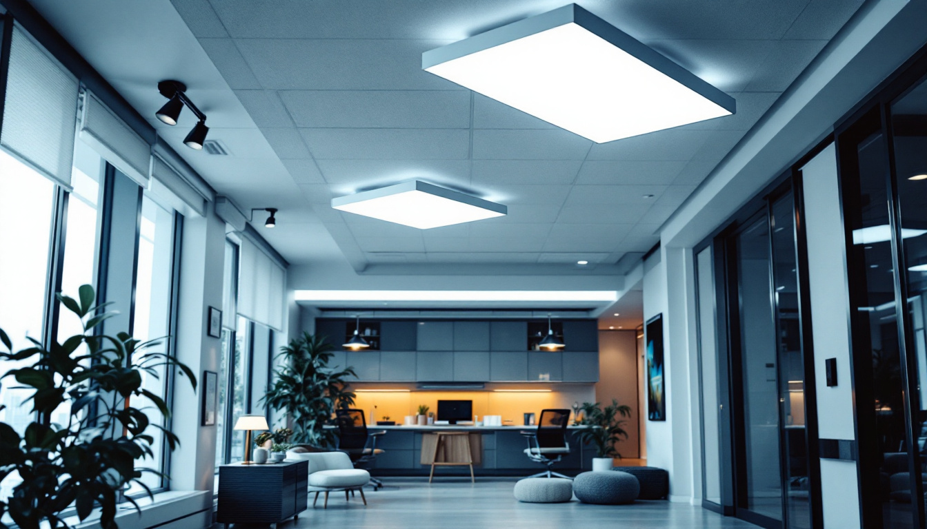 A photograph of a modern office space featuring sleek drop ceiling panel lights