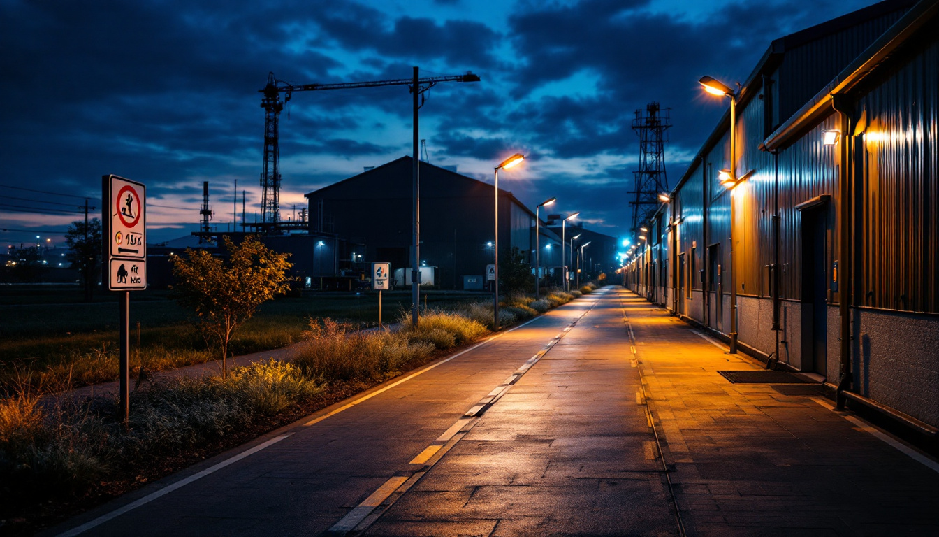 A photograph of a well-lit industrial area at dusk