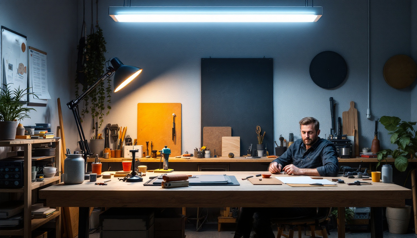 A photograph of a well-lit workspace featuring a 2ft led shop light installed overhead